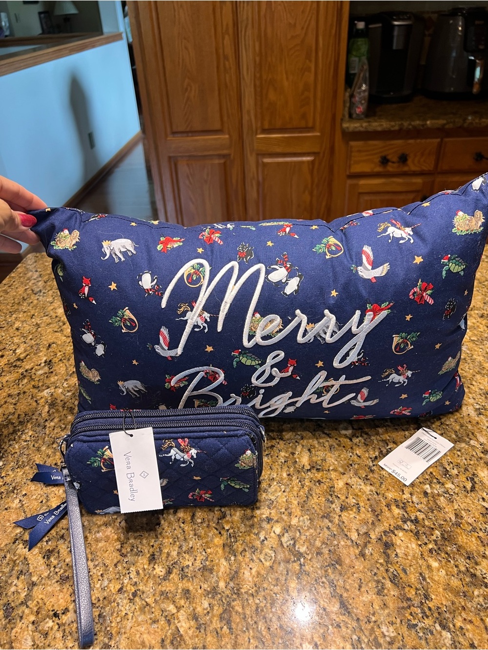 Vera Bradley Navy 'Merry & Bright' Holiday Pillow with Coordinating Wristlet